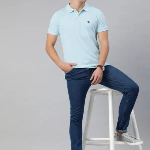 THE BEAR HOUSE Men Solid Blue Polo Collar Pure Cotton Slim Fit T-shirt